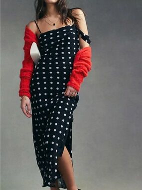 NWOT ASOS Black Slip Midi Dress with White Polka Dots